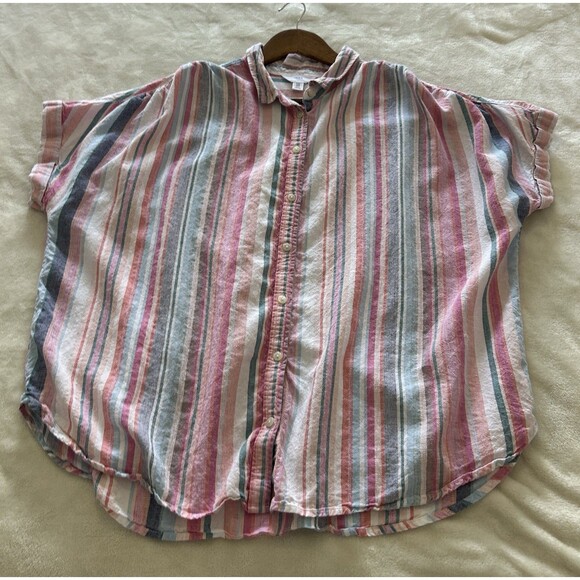 Time & Tru Womens Shirt XXL Linen Blend Button Front Pink Vertical Stripes 2XL - Picture 2 of 10